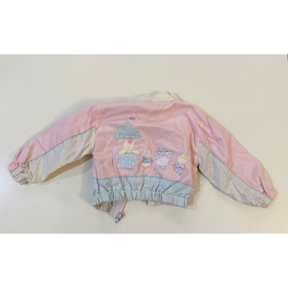 Vintage 80s Baby Girl Jacket Romper Set Pastel Train Animals Overalls Snap 6-9M - Picture 3 of 8